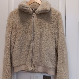 Bomber Jacket. Cropped, Sherpa. SZ M, tan.